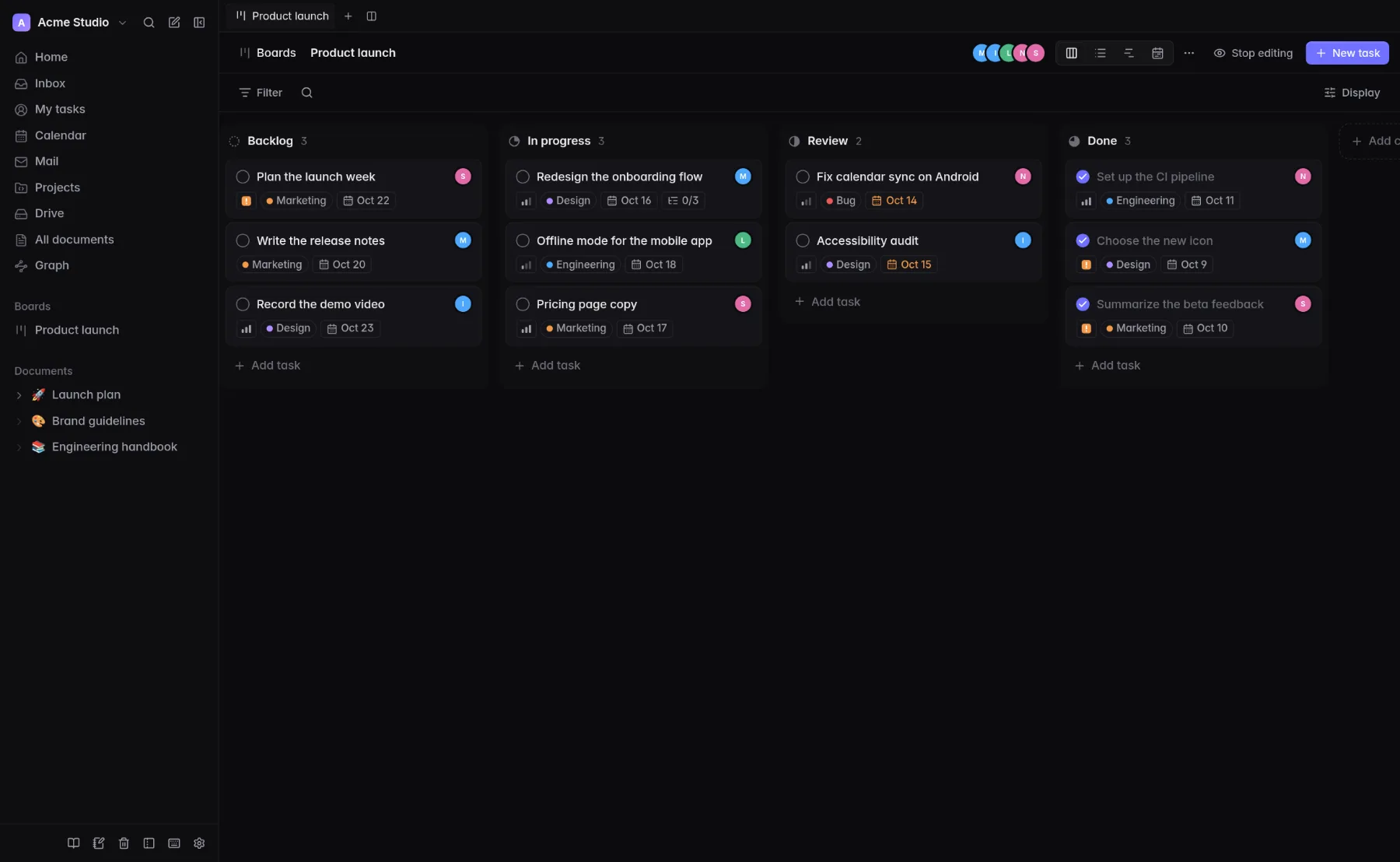 The Looty board view: columns, labels, assignees and due dates