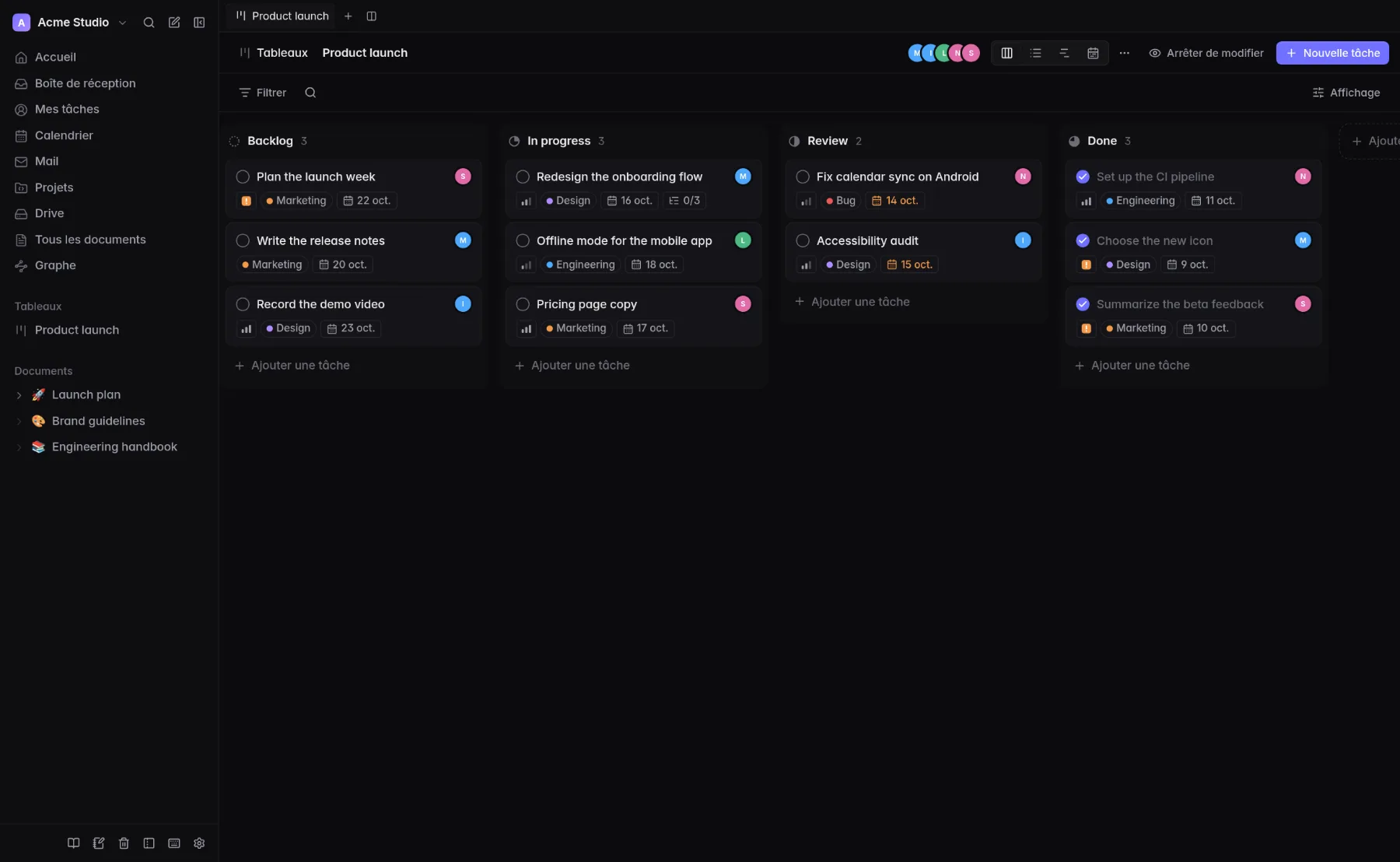 Le tableau kanban de Looty : colonnes, étiquettes, assignés et échéances
