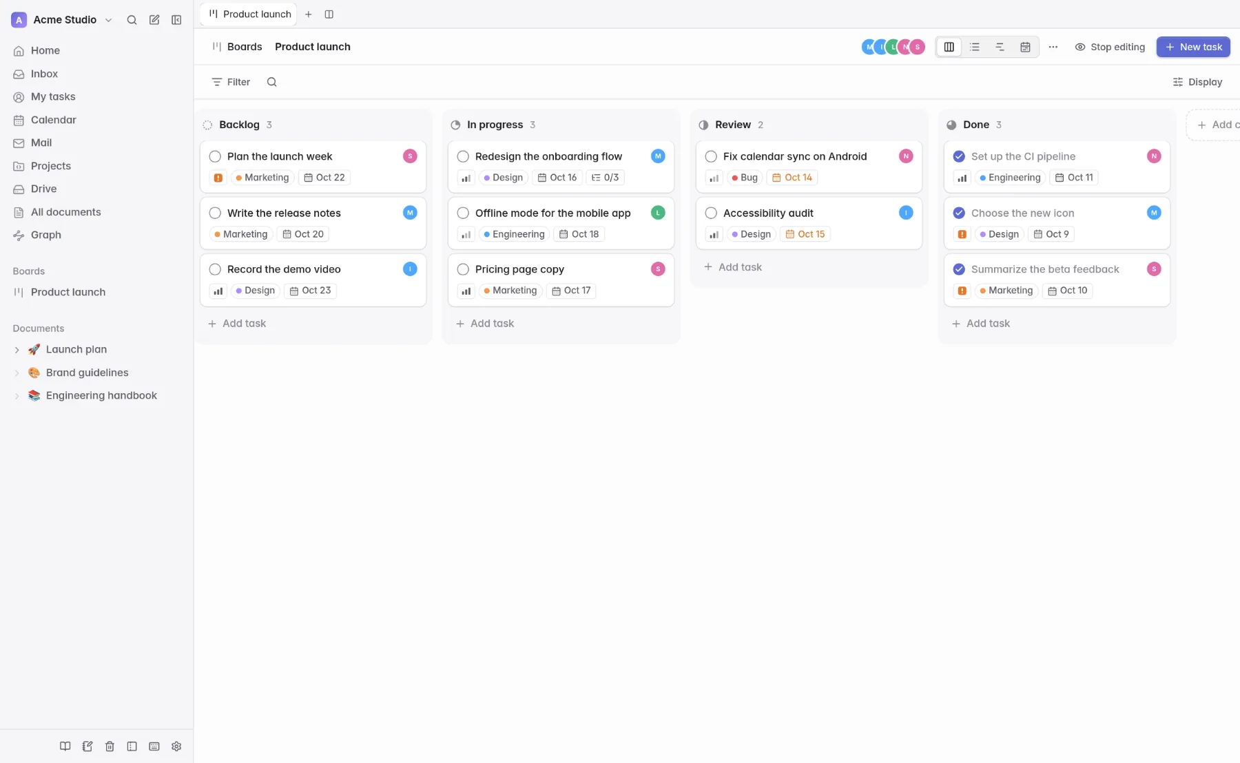The Looty board view: columns, labels, assignees and due dates
