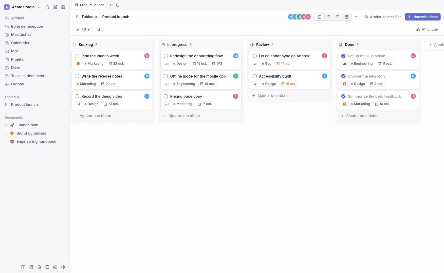 Le tableau kanban de Looty : colonnes, étiquettes, assignés et échéances