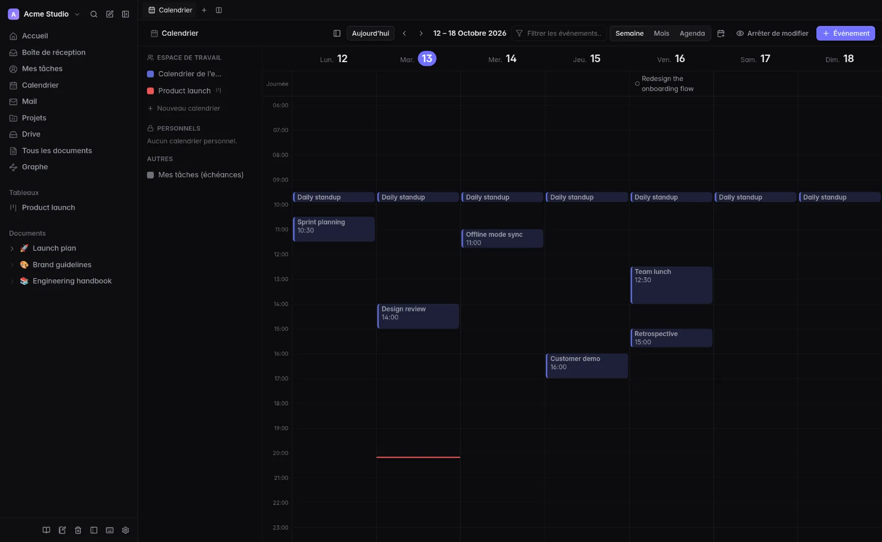 Vue semaine du calendrier avec des événements récurrents