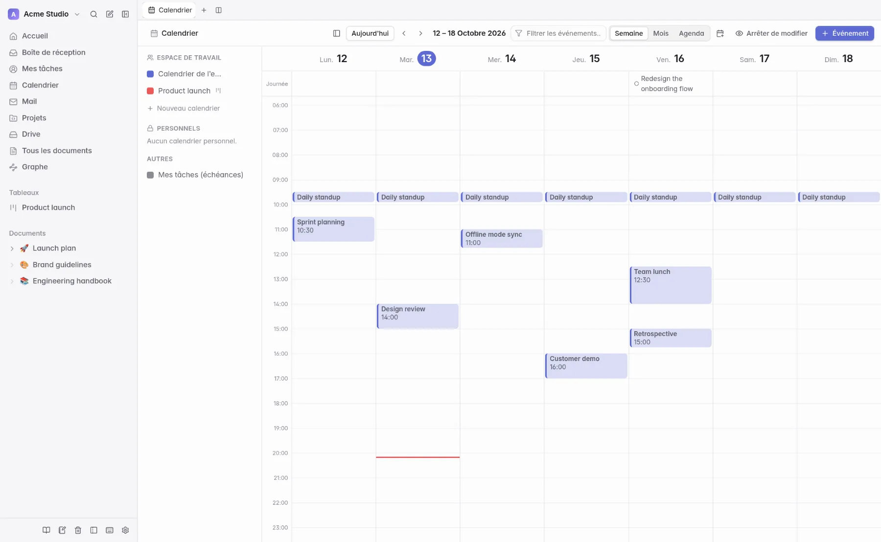 Vue semaine du calendrier avec des événements récurrents