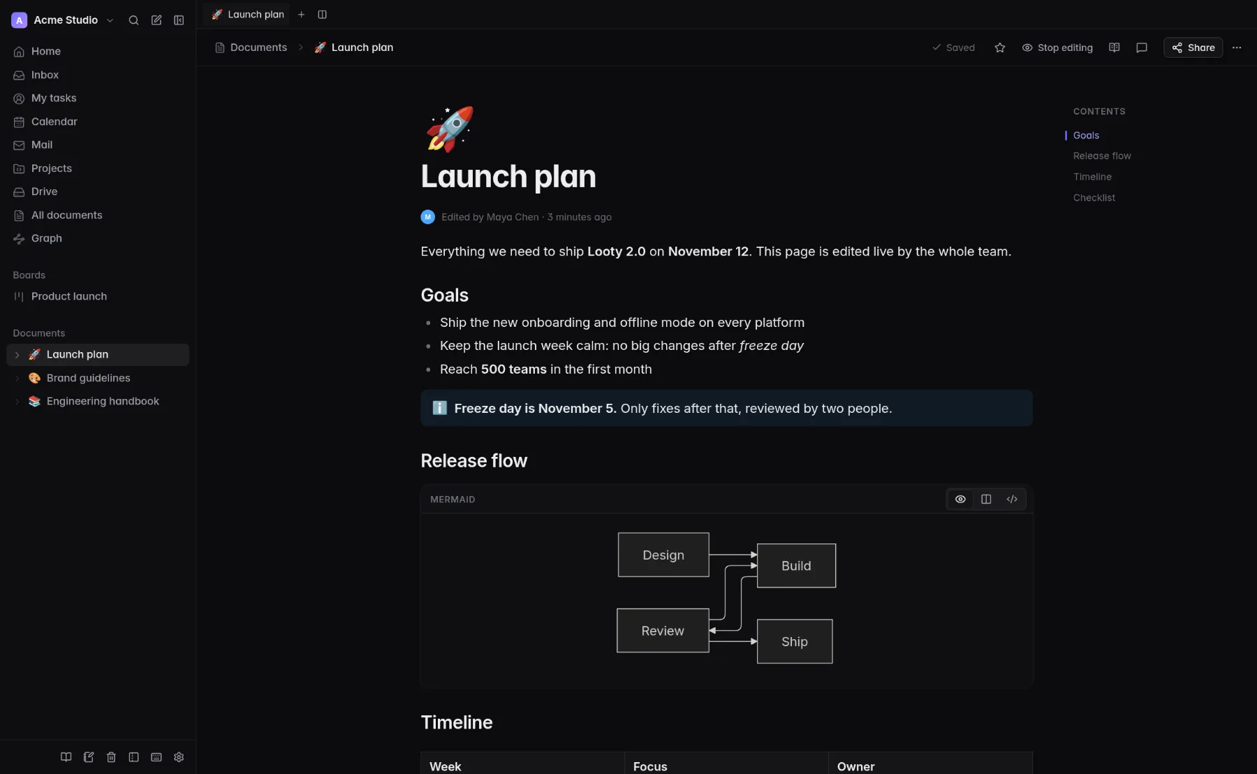 A launch plan document with a callout and a diagram