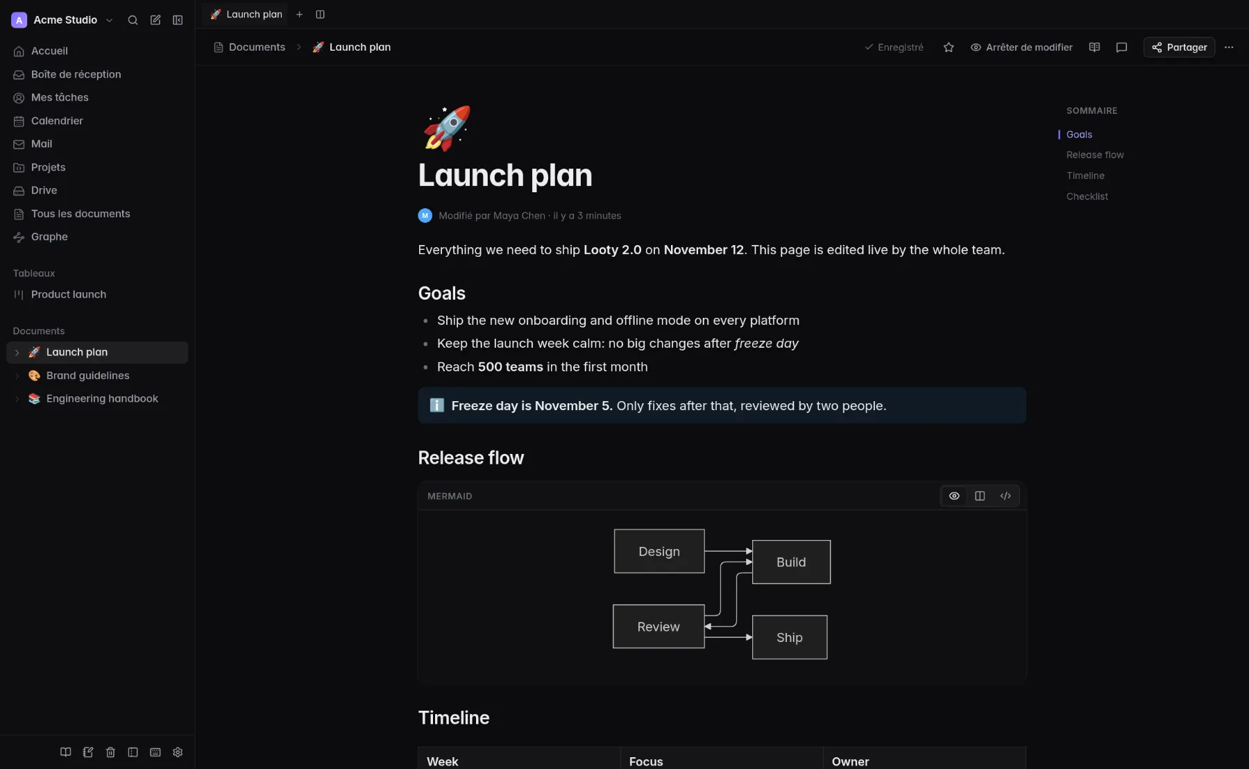Document « plan de lancement » avec un encadré et un schéma