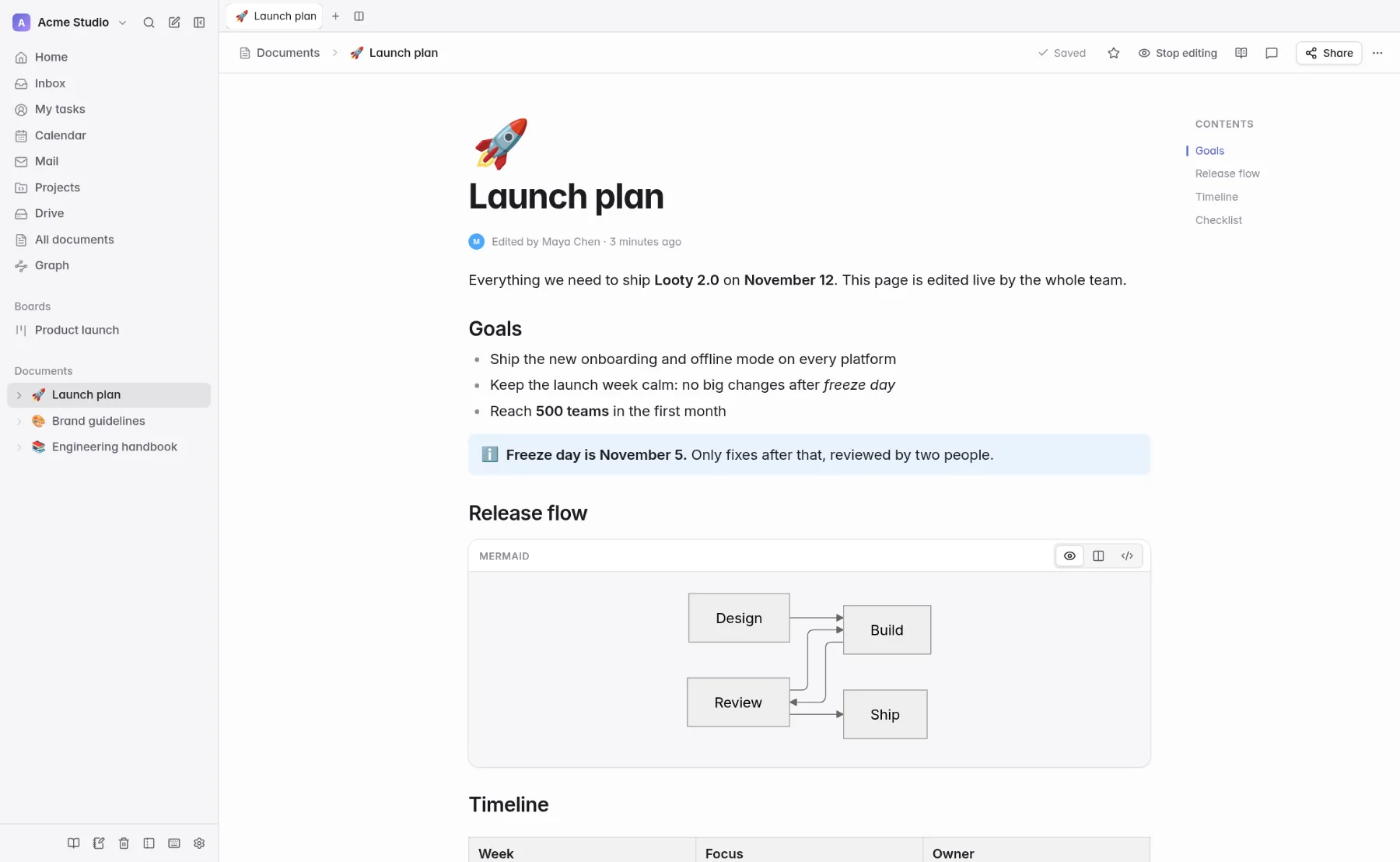 A launch plan document with a callout and a diagram