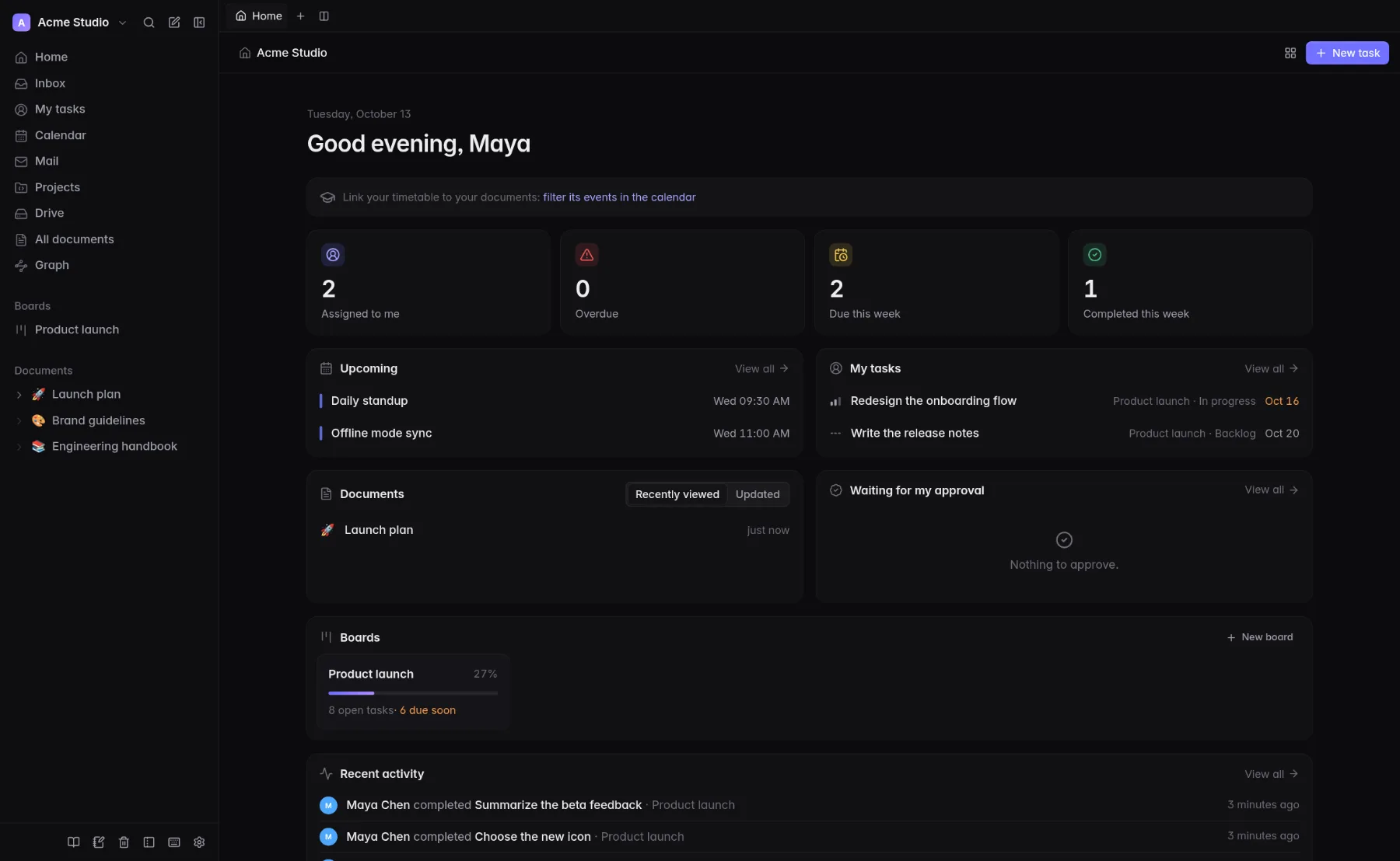 The home page with numbers, events, tasks and activity