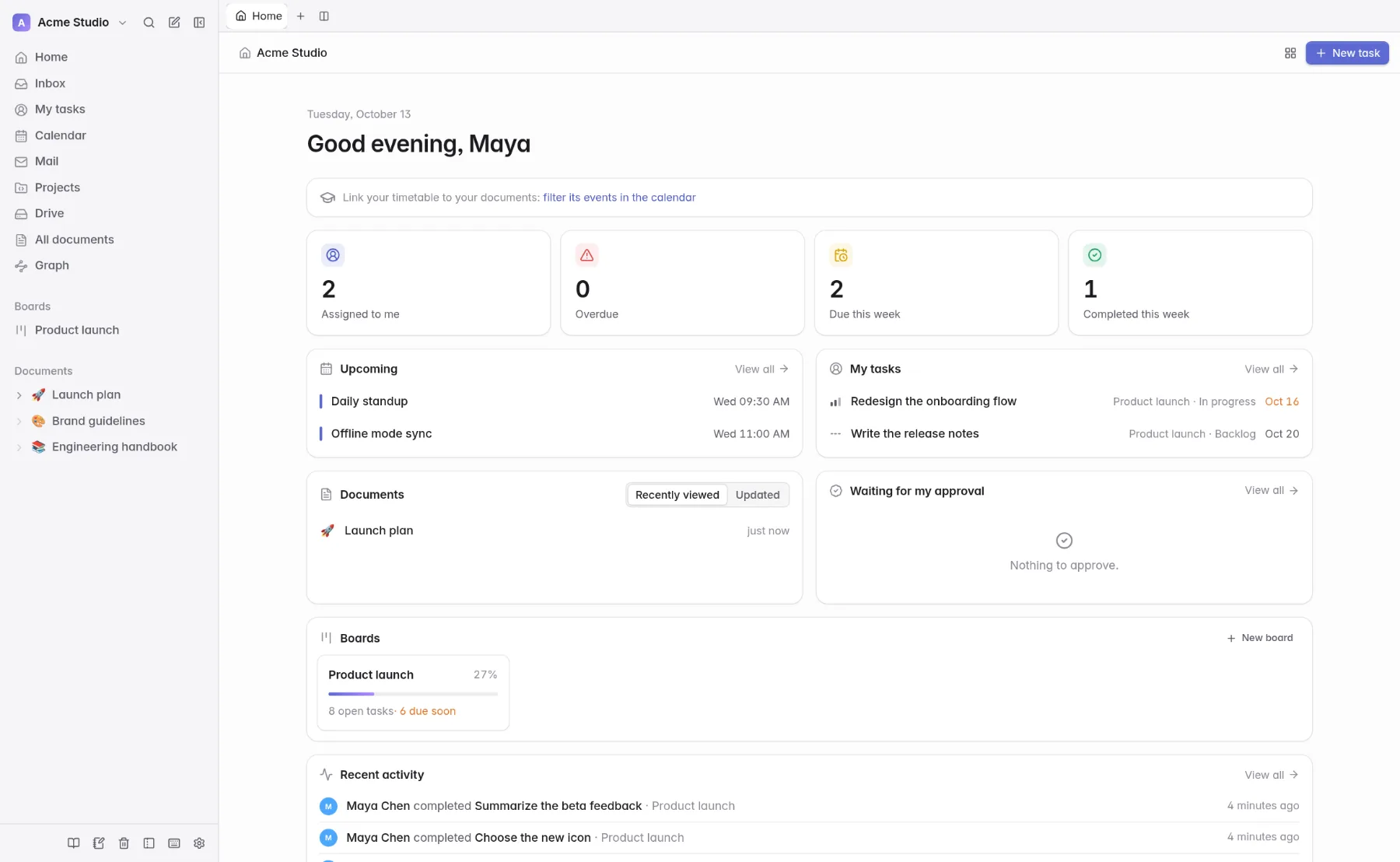 The home page with numbers, events, tasks and activity